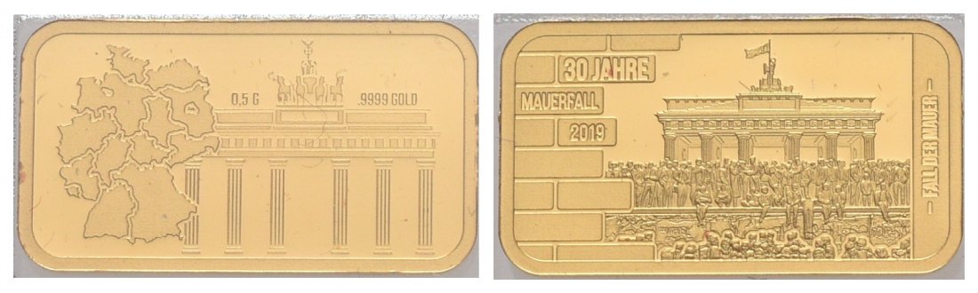 PEUS 6128 BRD 0,5 g Feingold. Mauerfall Barren GOLD 2019 Proof (Kapsel)