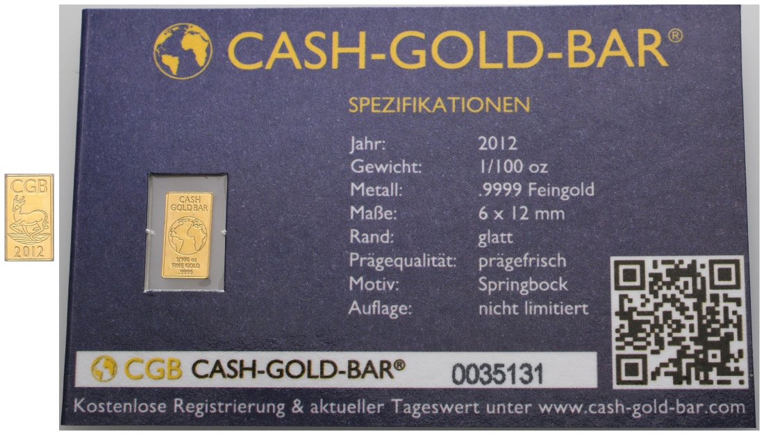PEUS 6122 BRD, CGB Insg. 0,3 g Feingold. Cash-Gold-Bar Barren GOLD 1/100 Unze 2012 Uncirculated (eingeschweißt)