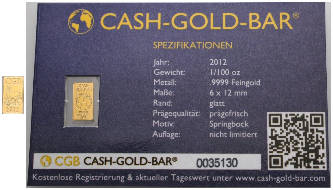 PEUS 6123 BRD, CGB Insg. 0,3 g Feingold. Cash-Gold-Bar Barren GOLD 1/100 Unze 2012 Uncirculated (eingeschweißt)