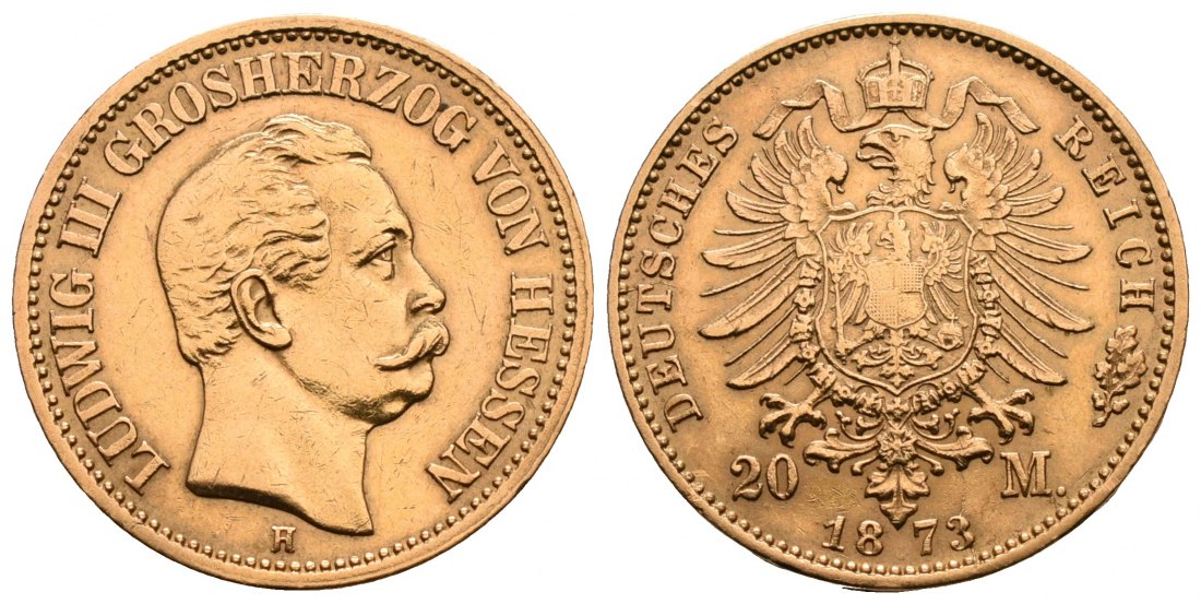 PEUS 6147 Kaiserreich - Hessen 7,16 g Feingold. Ludwig III. (1848 - 1877) 20 Mark GOLD 1873 H Darmstadt Sehr schön
