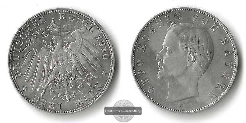  Bayern, Kaiserreich  3 Mark  1910 D  Otto    FM-Frankfurt   Feinsilber: 15g   