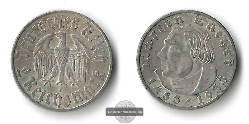  Deutschland, Drittes Reich  2 Reichsmark  1933 F FM-Frankfurt  Feinsilber: 5g   