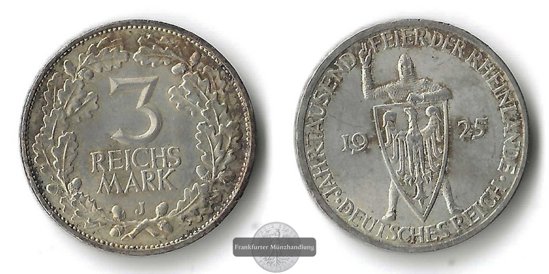  Deutschland, Weimarer Republik 3 Reichsmark  1925 J  FM-Frankfurt Feingewicht: 7,5g Silber ss   