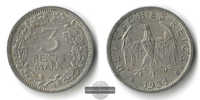  Deutsches Reich, Weimarer Republik 3 Reichsmark  1931 A FM-Frankfurt Feinsilber: 7,5g   