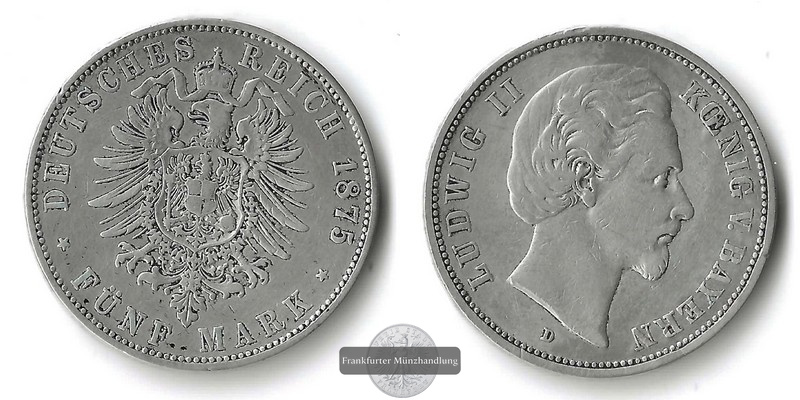  Bayern, Kaiserreich  5 Mark  1875 D  Ludwig II  FM-Frankfurt Feinsilber: 25g   