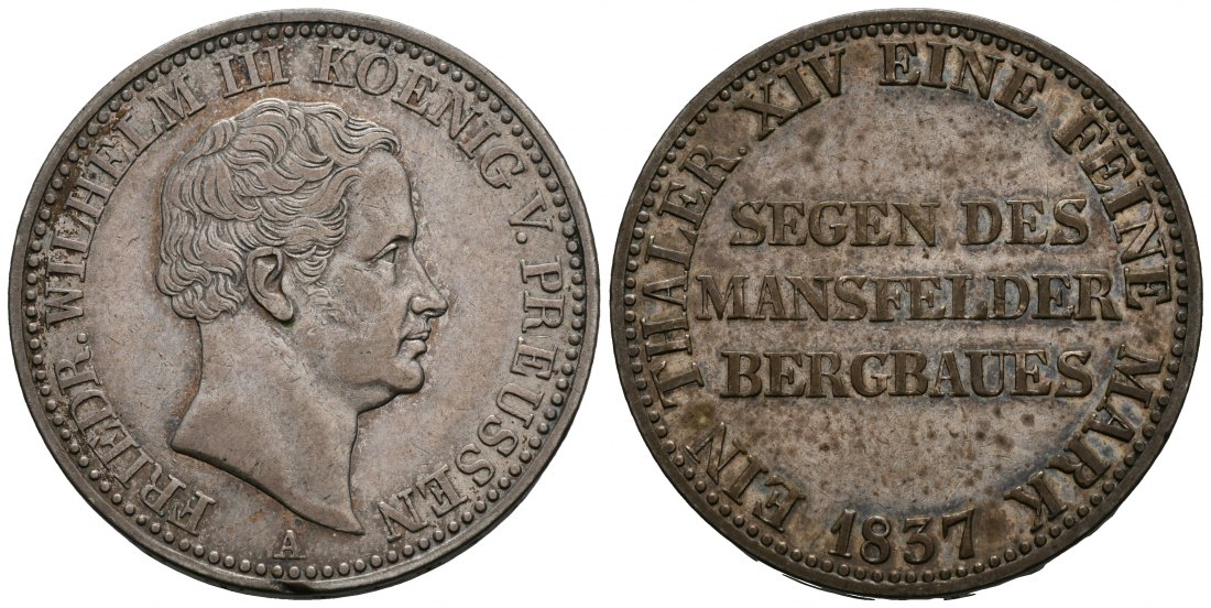 PEUS 6160 Preußen - Königreich Mansfelder Bergbau. Friedrich Wilhelm III. (1797-1840) Ausbeutetaler 1837 A Sehr schön