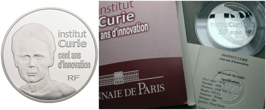 PEUS 6169 Frankreich 155,5 g Feinsilber. 100 Jahre Curie Institut incl. Etui + Zertifikat 50 Euro SILBER 5 Unzen 2009P Proof (Kapsel)
