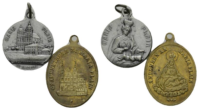  Salzburg; Amulette - Pilgeramulette, 2 Stück, tragbar; Bronze und versilberte Bronze   