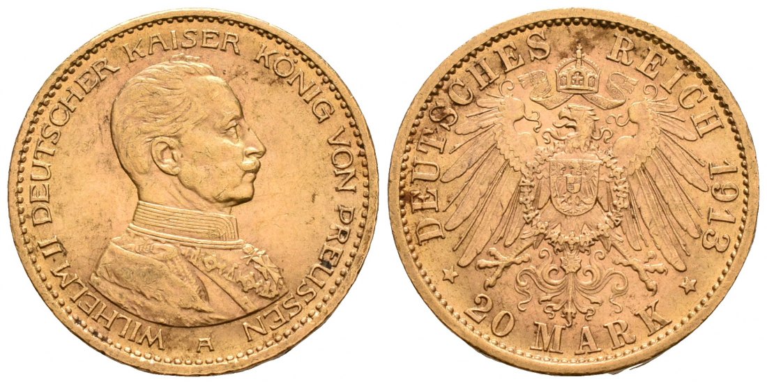PEUS 6184 Preußen - Kaiserreich 7,16 g Feingold. Kaiser Wilhelm II. (1888 - 1918) in Kürassieruniform 20 Mark GOLD 1913 A Kl. Kratzer, Vorzüglich