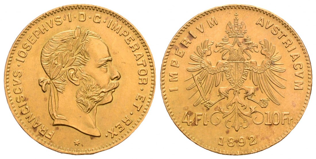 PEUS 6192 Österreich 2,9 g Feingold. Franz Joseph I. (1848 - 1916) 4 Gulden (NP) GOLD 1892 Fast Stempelglanz
