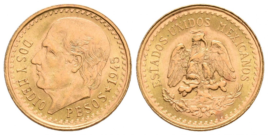 PEUS 6196 Mexiko 1,88 g Feingold. Miguel Hidalgo y Costilla 2 1/2 Pesos GOLD 1945 Stempelglanz