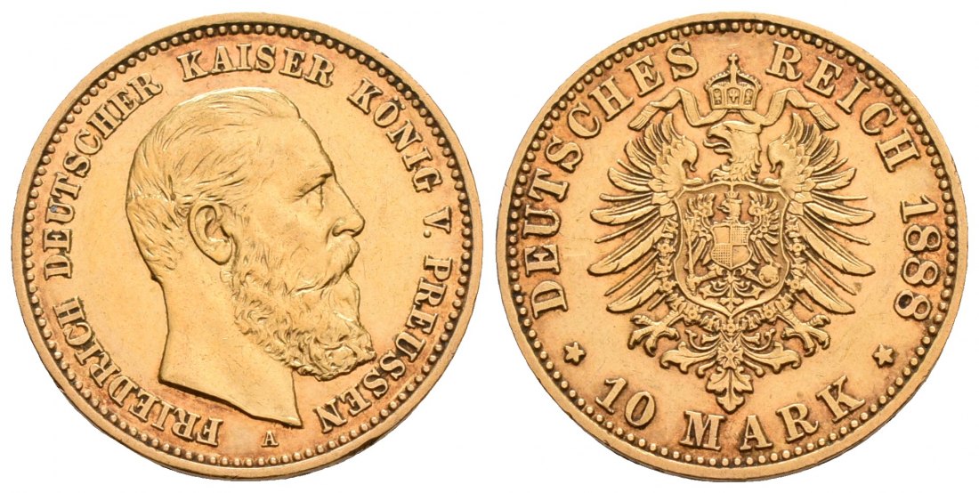 PEUS 6197 Kaiserreich - Preußen 3,58 g Feingold. Friedrich III. (09.03.- 15.06.1888) 10 Mark GOLD 1888 A Kl. Kratzer, fast Vorzüglich