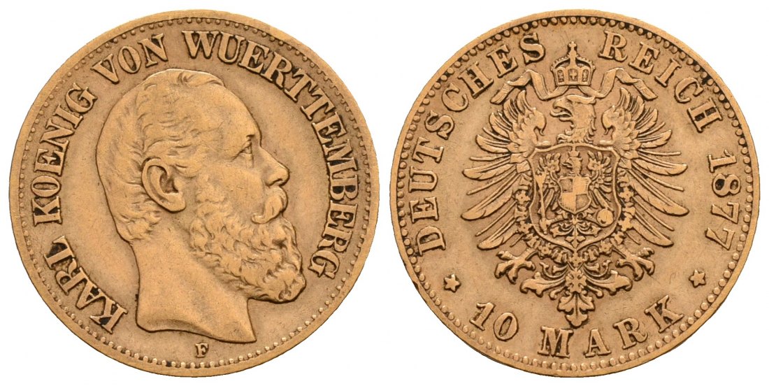 PEUS 6202 Württemberg - Kaiserreich 3,58 g Feingold. Karl (1864 - 1891) 10 Mark GOLD 1877 F Stuttgart Sehr schön