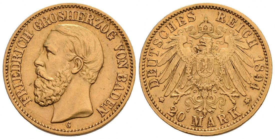 PEUS 6203 Baden - Kaiserreich 7,16 g Feingold. Friedrich I. (1852 - 1907) 20 Mark GOLD 1894 G Sehr schön