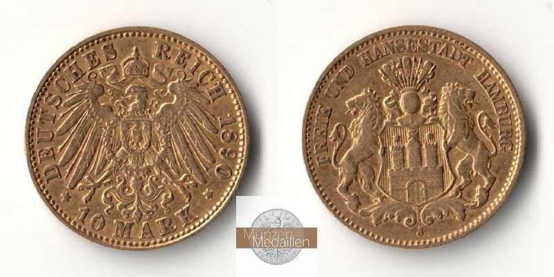 Hamburg, Kaiserreich MM-Frankfurt Feingold: 3,58g 10 Mark 1890 J 