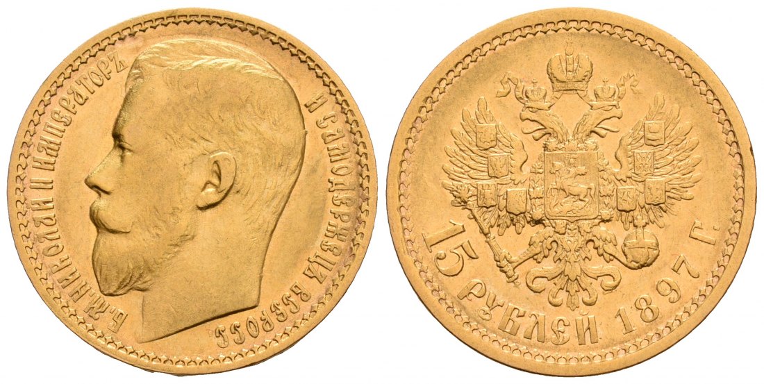 PEUS 6205 Russland 11,61 g Feingold. Zar Nikolaus II. (1894 - 1917) 15 Rubel GOLD 1897 АГ (AG) Kl. Kratzer, Fast Vorzüglich