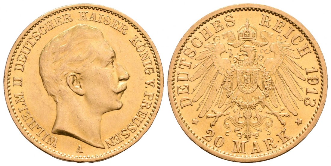 PEUS 6206 Kaiserreich - Preußen 7,16 g Feingold. Wilhelm II. (1888 - 1918) 20 Mark Gold 1913 A Kl. Kratzer, Vorzüglich