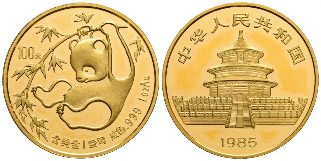 PEUS 6210 China 31,1 g Feingold. Panda hängt am Ast 100 Yuan GOLD Unze 1985 Uncirculated (berührt)