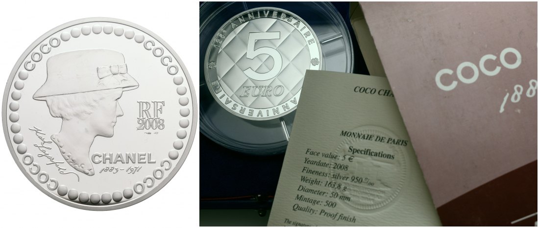 PEUS 6170 Frankreich 155,5 g Feinsilber. Coco Chanel incl. Etui + Zertifikat 5 Euro SILBER 5 Unzen 2008 Proof (Kapsel)