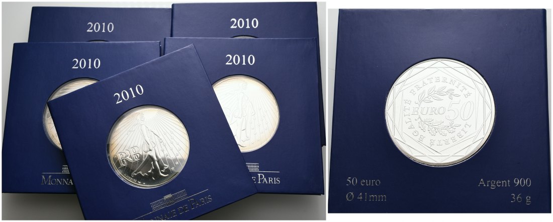 PEUS 6171 Frankreich 162 g Feinsilber. Die Säerin incl. Verpackung 50 Euro-Lot SILBER (5 Münzen) 2010 Uncirculated