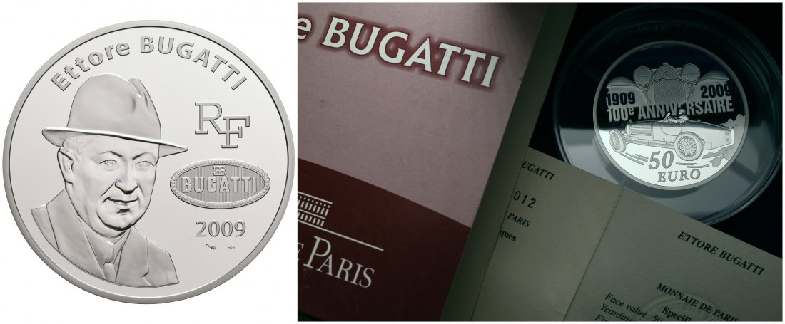 PEUS 6173 Frankreich 155,5 g Feinsilber. Ettore Bugatti incl. Etui + Zertifikat 50 Euro SILBER 5 Unzen 2009 Proof (Kapsel)