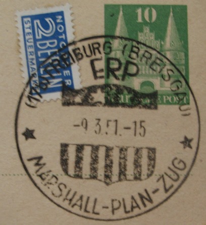  1951, Germany, a postcard with the occasional postmark „Marschall-Plan-Zug”   