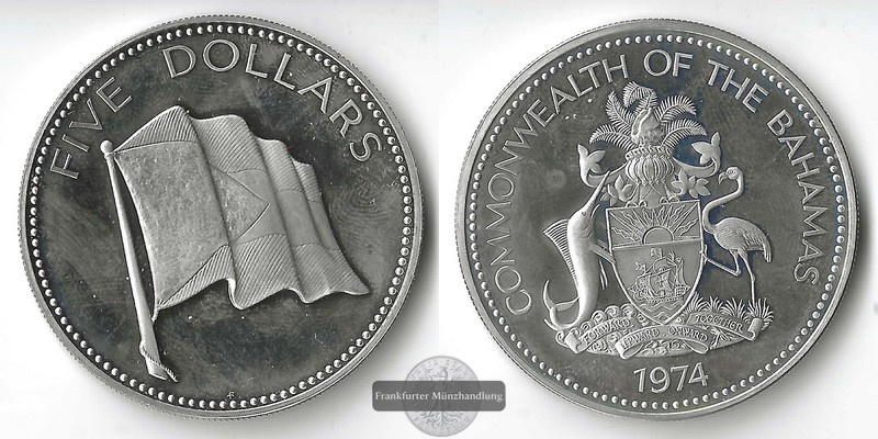  Bahamas,  5 Dollar  1974 Silver Proof Issue  FM-Frankfurt  Feinsilber: 38,96g   