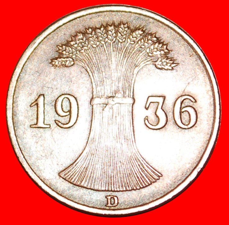  * DRITTES REICH (1933-1945): DEUTSCHLAND ★  1 REICHSPFENNIG 1936D! OHNE VORBEHALT!   