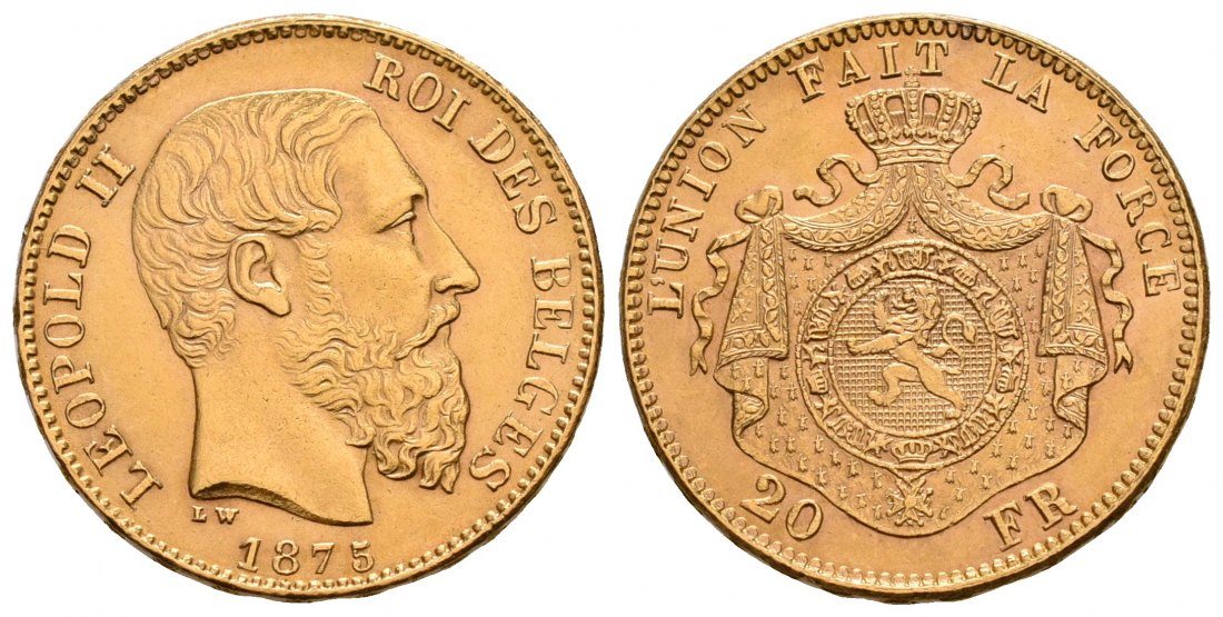 PEUS 6215 Belgien 5,81 g Feingold. Leopold II. (1865-1909) 20 Francs GOLD 1875 Vorzüglich