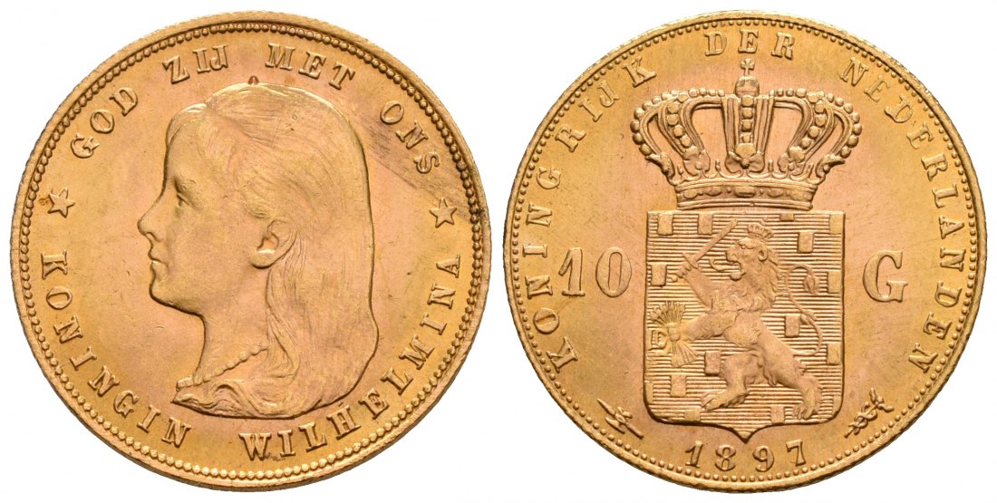 PEUS 4171 Niederlande 6,06 g Feingold. Wilhelmina III. (1890 - 1948) 10 Gulden GOLD 1897 Fast Stempelglanz