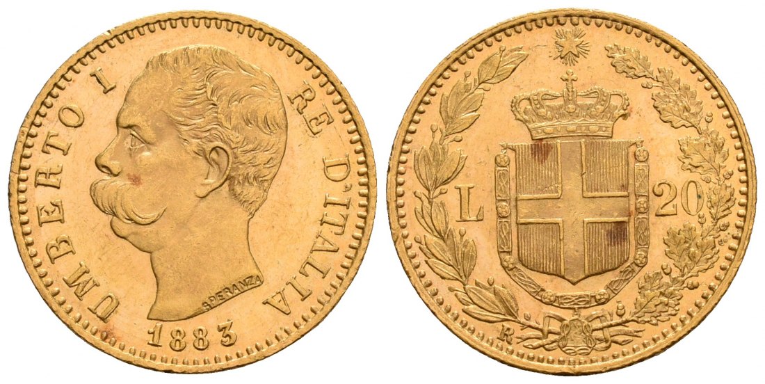 PEUS 6223 Italien 5,81 g Feingold. Umberto I. (1878 - 1900) 20 Lire GOLD 1883 R Rom Kl. Kratzer, Vorzüglich