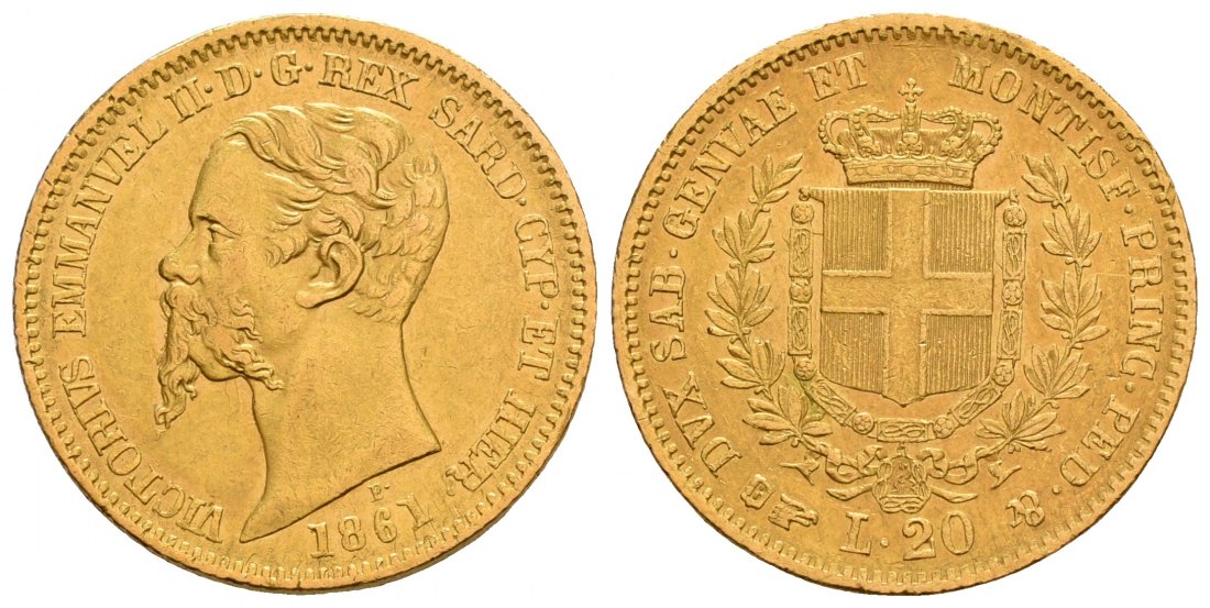 PEUS 6224 Italien-Sardinien Königreich 5,81 g Feingold. Viktor Emanuel II. (1849-1861) 20 Lire GOLD 1861 B Turin Sehr schön