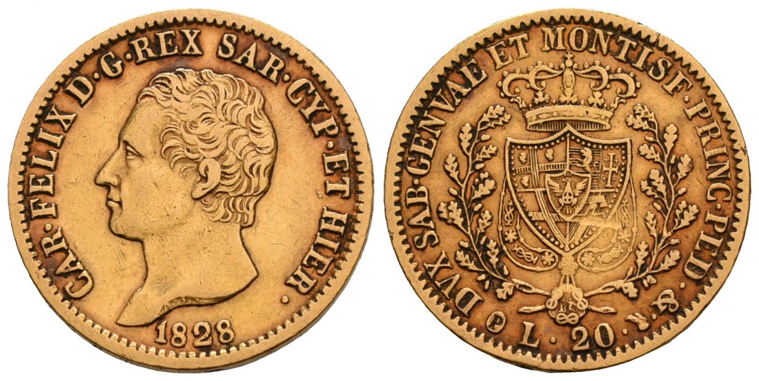 PEUS 6228 Italien-Sardinien Königreich 5,81 g Feingold. Karl Felix (1821 - 1831)) incl. Beschreibung 20 Lire GOLD 1828 P Turin Sehr schön