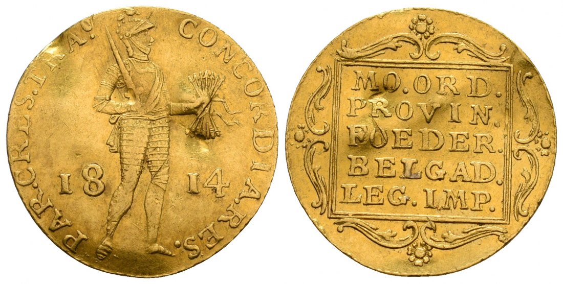 PEUS 6234 Niederlande 3,43 g Feingold. Ritter mit Schwert + Pfeilbündel 1 Dukat GOLD 1814 TRA Utrecht Gewellt, Sehr schön