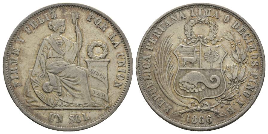  Republica Peruana Lima; UN Sol, 1866   
