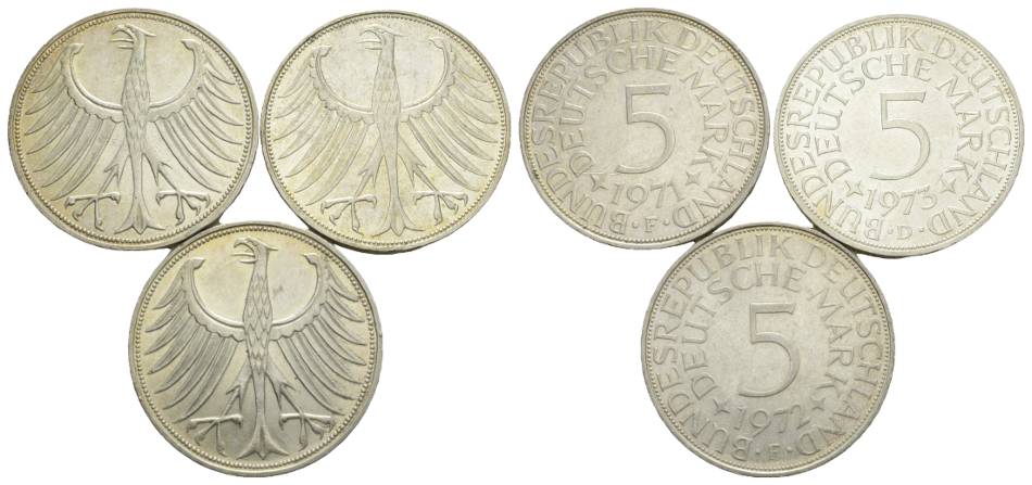  Bundesrepublik Deutschland; 3 x Fünf DM, 1971/1972/1973   