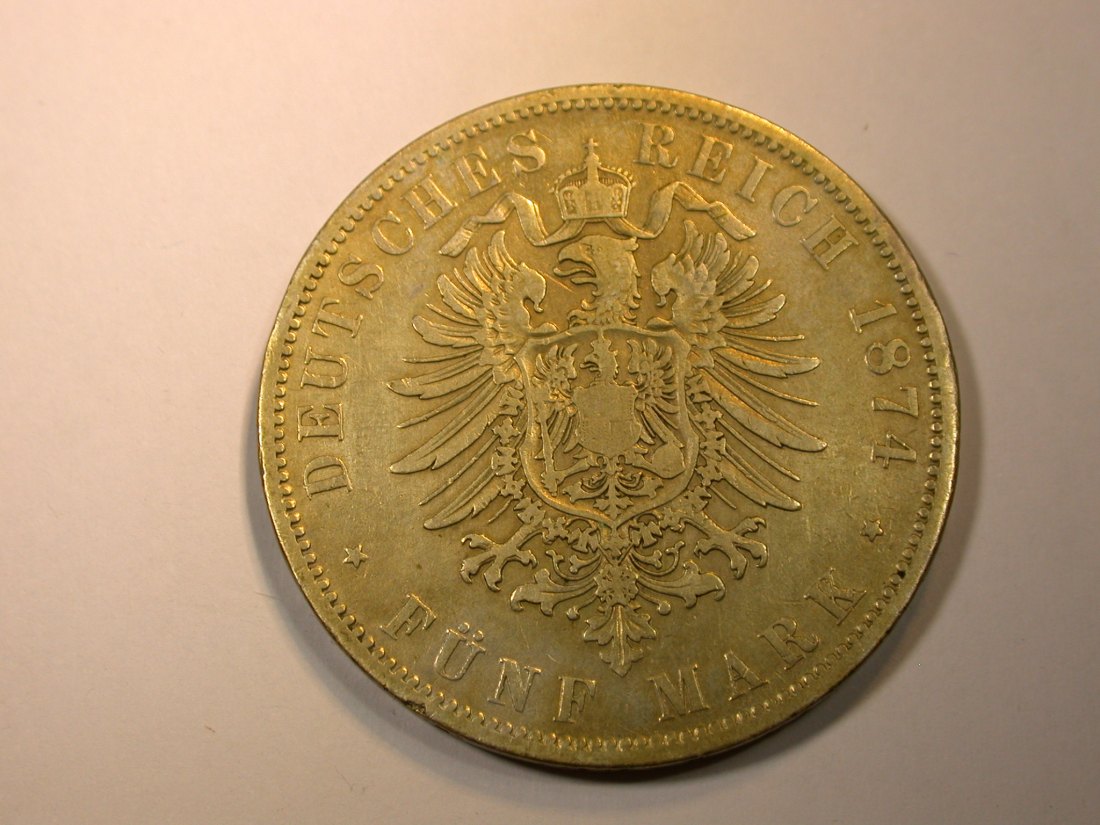  F13  KR  5 Mark Preussen 1874 A in s-ss, angelaufen Silber  Originalbilder   