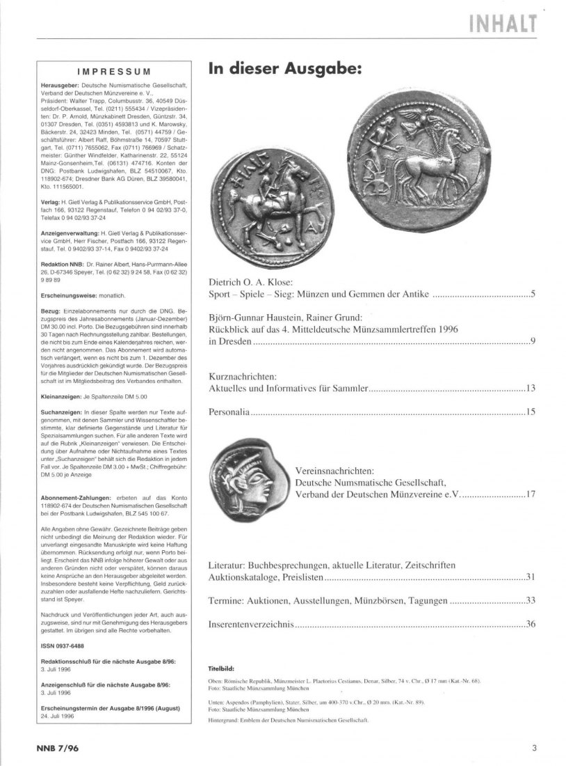  (NNB) Numismatisches Nachrichtenblatt 07/1996 ua Münzen und Gemmen der Antike.   