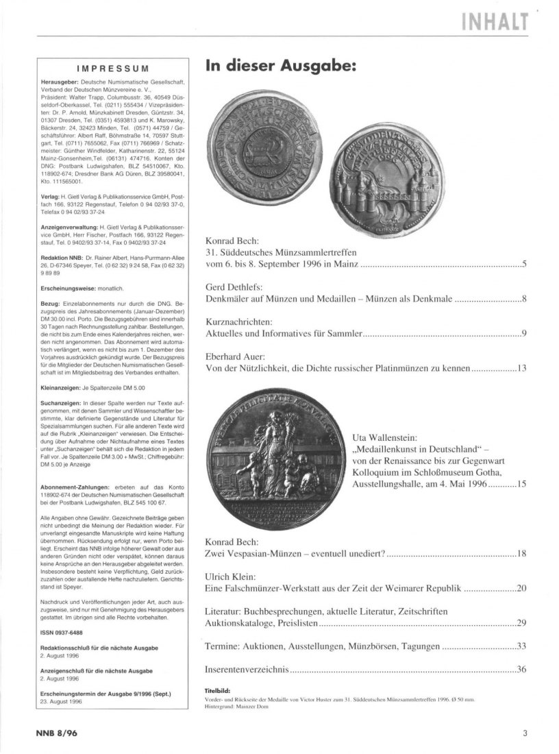  (NNB) Numismatisches Nachrichtenblatt 08/1996 Falschmünzer-Werkstatt aus der Zeit Weimarer Republik   