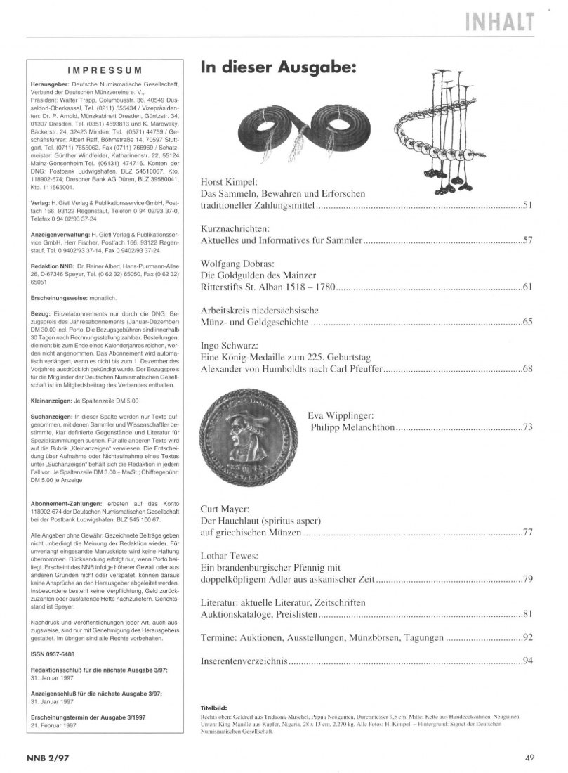  (NNB) Numismatisches Nachrichtenblatt 02/1997 ua Die Goldgulden des Mainzer Ritterstifts St. Alban   