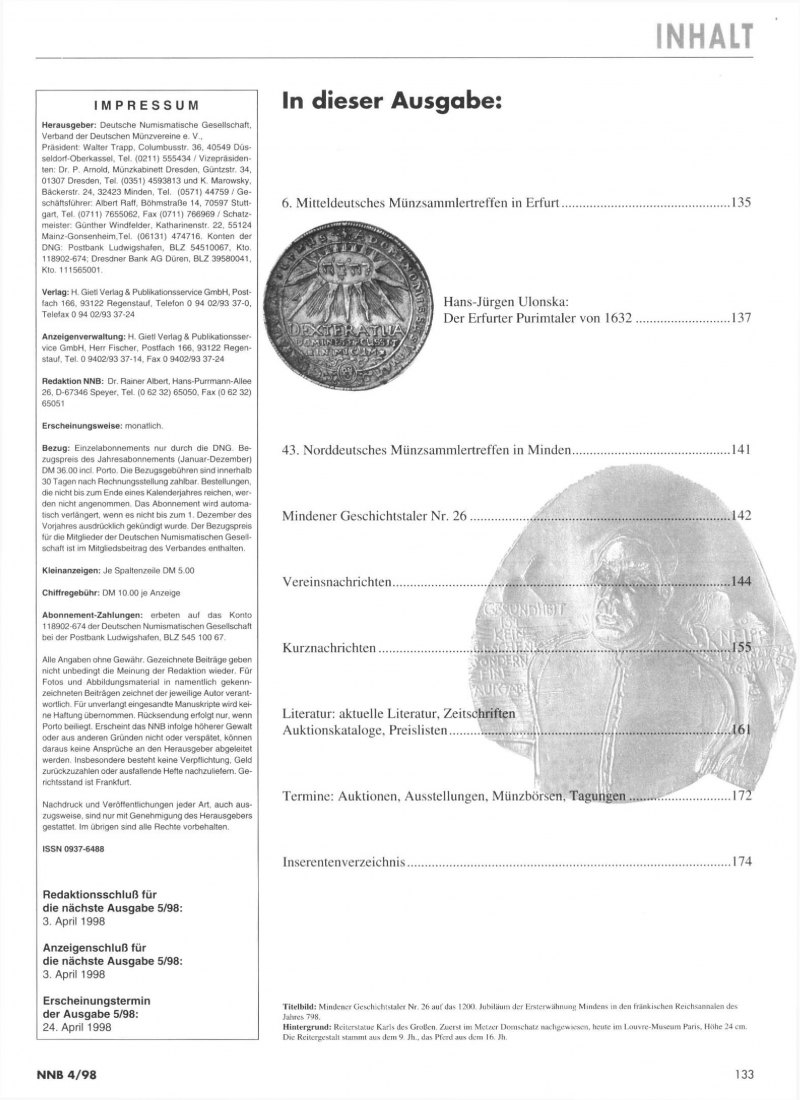  (NNB) Numismatisches Nachrichtenblatt 04/1998 ua Der Erfurter Purimtaler von 1632   