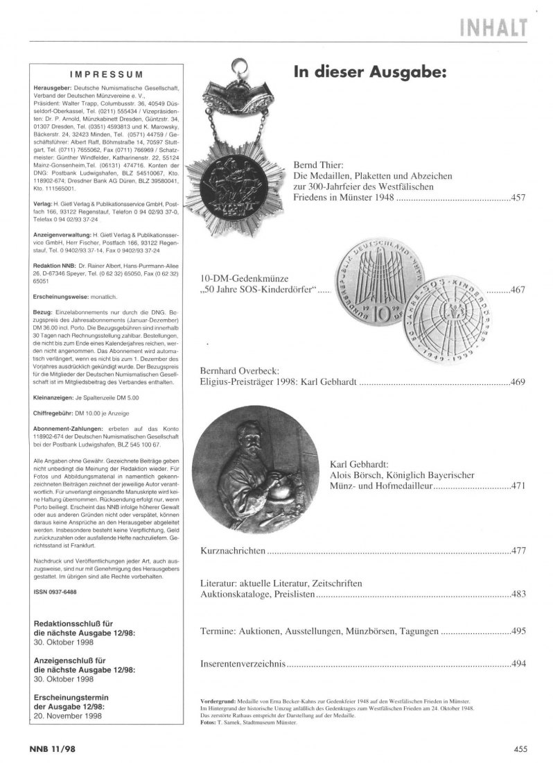  (NNB) Numismatisches Nachrichtenblatt 11/1998 Medaillen zur 300-Jahrfeier des Westfälischen Friedens   