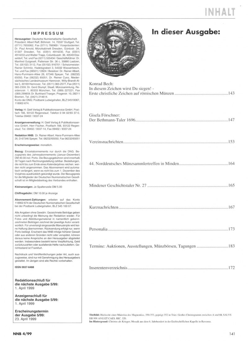  (NNB) Numismatisches Nachrichtenblatt 04/1999 ua Erste christliche Zeichen auf römischen Münzen   