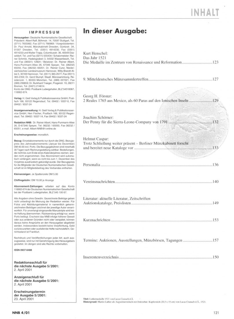  (NNB) Numismatisches Nachrichtenblatt 04/2001  Das Jahr 1521 Die Medaille im Zentrum von Renaissance   
