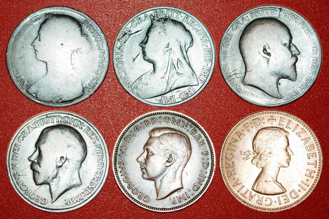  * PORTRAITS OF RULERS: UNITED KINGDOM ★ 1 PENNY 1889-1965 SET 6 COINS! LOW START ★ NO RESERVE!   