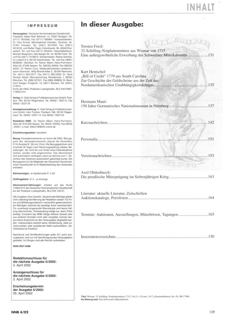  (NNB) Numismatisches Nachrichtenblatt 04/2002 ua. Die preußische Münzprägung im Siebenjährigen Krieg   