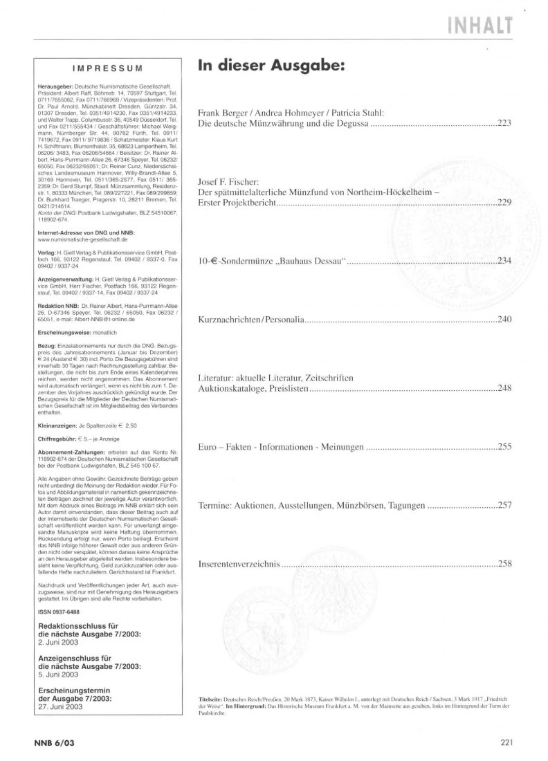  (NNB) Numismatisches Nachrichtenblatt 06/2003 Der spätmittelalterliche Münzfund Northeim-Höckelheim   