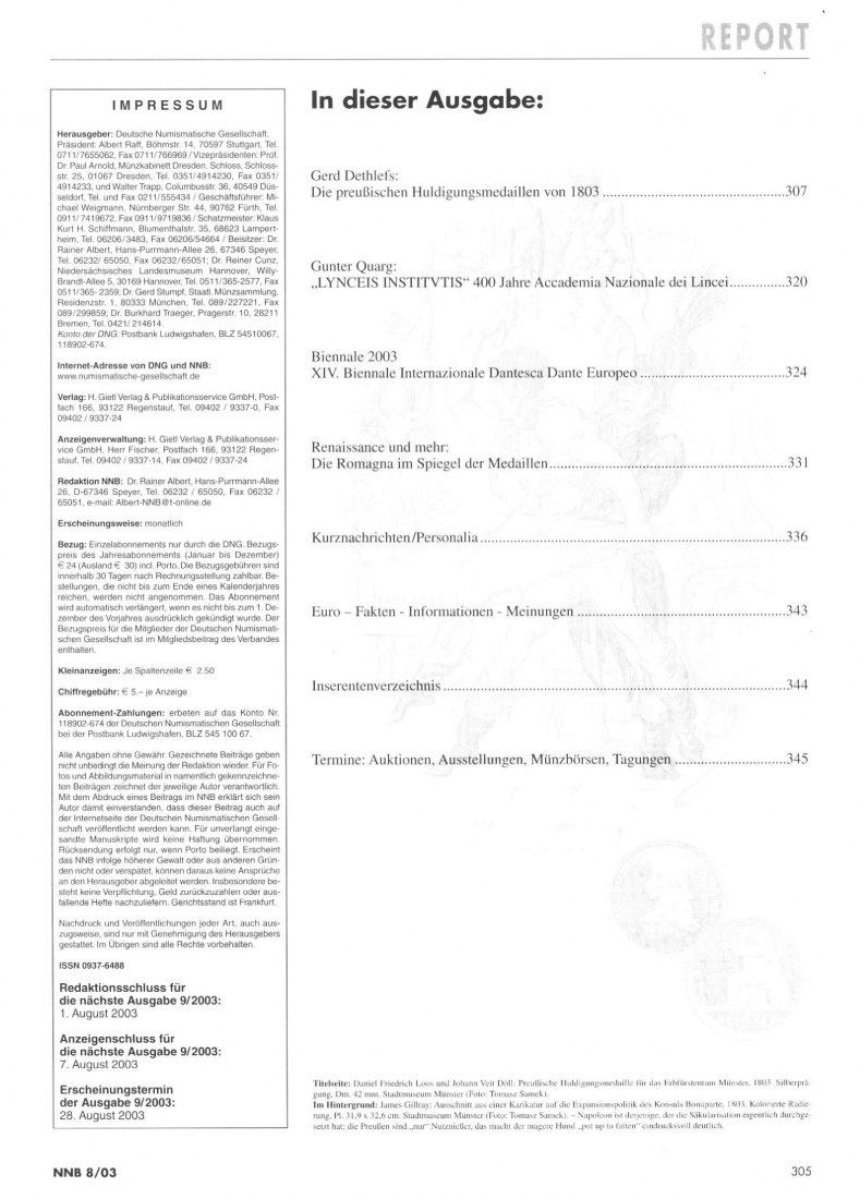  (NNB) Numismatisches Nachrichtenblatt 08/2003 ua. Die preußischen Huldigungsmedaillen von 1803   