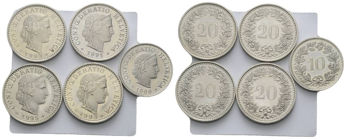  Schweiz, 5 Kleinmünzen; 20/10 Rappen 1991-1996   