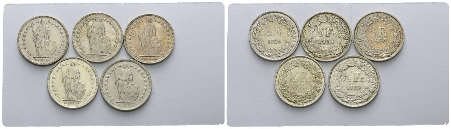  Schweiz, 5 Kleinmünzen (1/2 Franc 1959/1951/1952/1957/1959)   